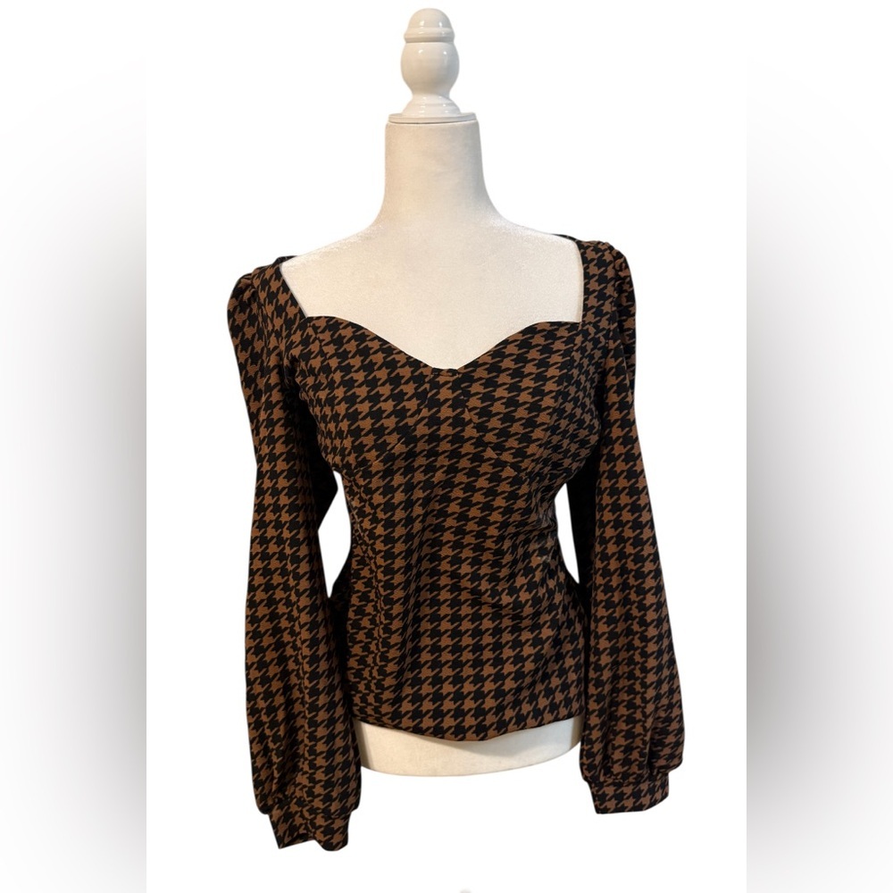 Houndstooth Brown Long Sleeve Top